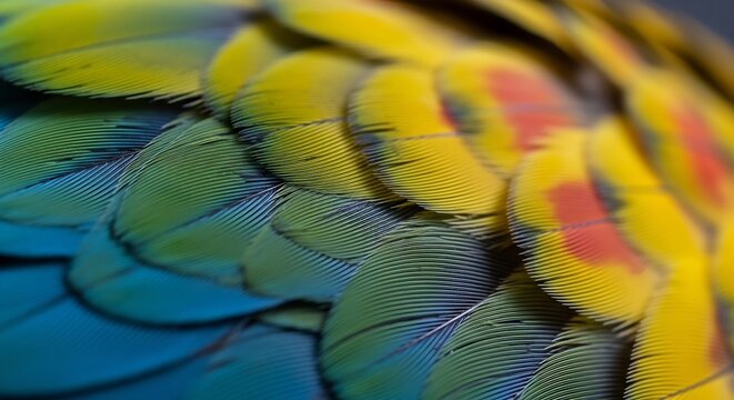Macro detail of vibrant tropical bird plumage with overlapping feathers
