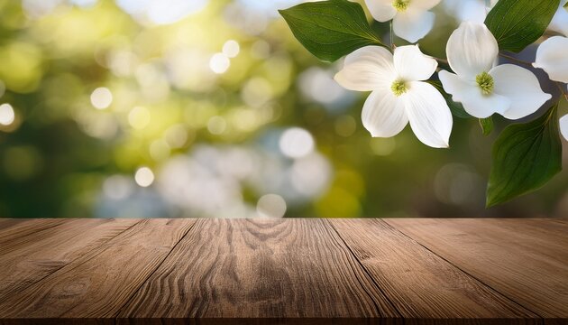 rustic wood mockup surface with white dogwood flowers and bokeh background