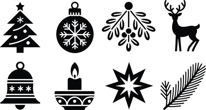 Christmas and winter holiday vector silhouette icon set featuring tree bauble mistletoe deer bell candle star pine branch