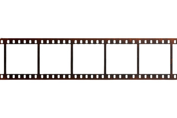 Obraz premium Vintage 35mm film strip featuring empty movie frames with perforation holes, old photographic negative border on transparent background
