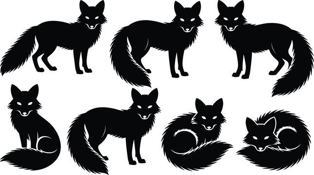Fox black silhouette vector icon set featuring wild forest animals in various standing, sitting, and curled poses