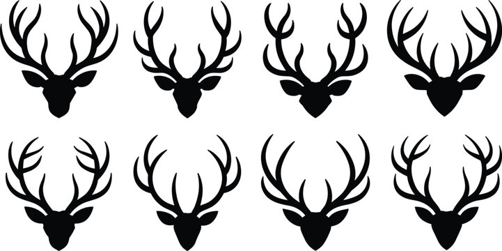 Deer head with antlers black silhouette vector icon set featuring trophy buck shapes for hunting designs