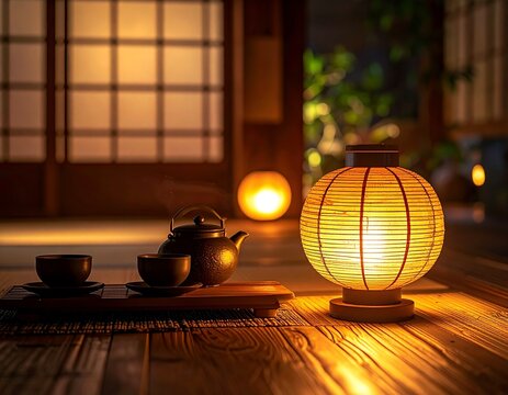 Paper lantern by a low table with teapot in a tatami room at night