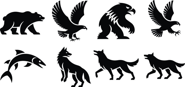 Wild animal black silhouette vector icon set featuring bear, eagle, wolf, and salmon fish designs