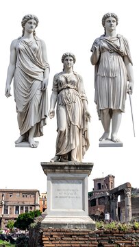 Historic statue of three figures on pedestal in city square.