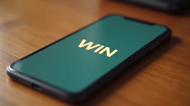 Smartphone sobre una mesa de madera; pantalla con una aplicaci&oacute;n de casino de dise&ntilde;o minimalista y el mensaje ganar en negrita y centrado