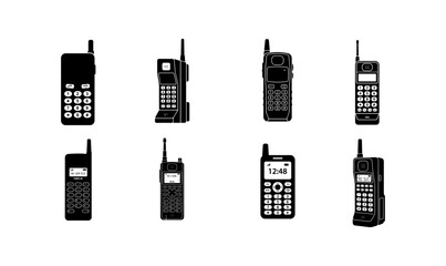 Black Retro Mobile Phone Collection Flat Vector Set Isolated on PNG Background, retro mobile phone, vintage phone, brick phone, classic mobile, old phone, cellular phone, mobile handset, GSM phone,  © TalalAhmad