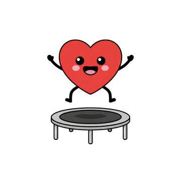 Red anthropomorphic heart with a cheerful smile and thin black limbs leaping above a grey trampoline on a white background. Concept of pure happiness