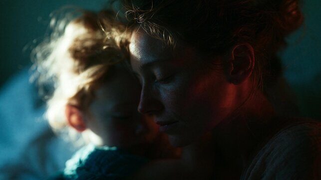Close-up portrait of a mother and her child. the mother is facing away from the camera, with her eyes closed and her head resting on the child's shoulder.
