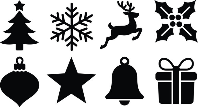 Christmas and winter holiday vector silhouette icon set featuring tree snowflake jumping reindeer holly ornament star bell gift box