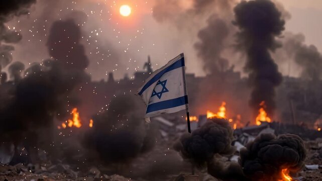 Dark smoke rises from the ruins. Israeli flag stands against the fire. Flames burn nearby structures. Ruined cityscape shows devastation. Use for conflict documentation or historical scenes