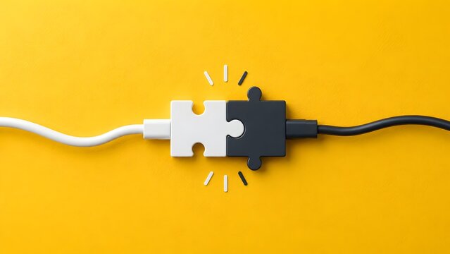 Business integration concept with white and black puzzle pieces connecting via cables on yellow background