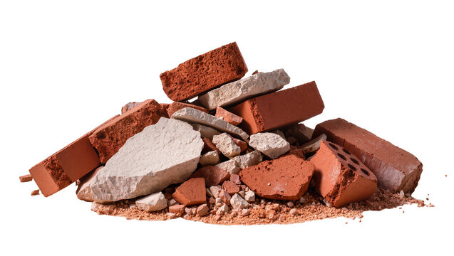 Isolated pile of mixed construction debris with broken red bricks and light stones