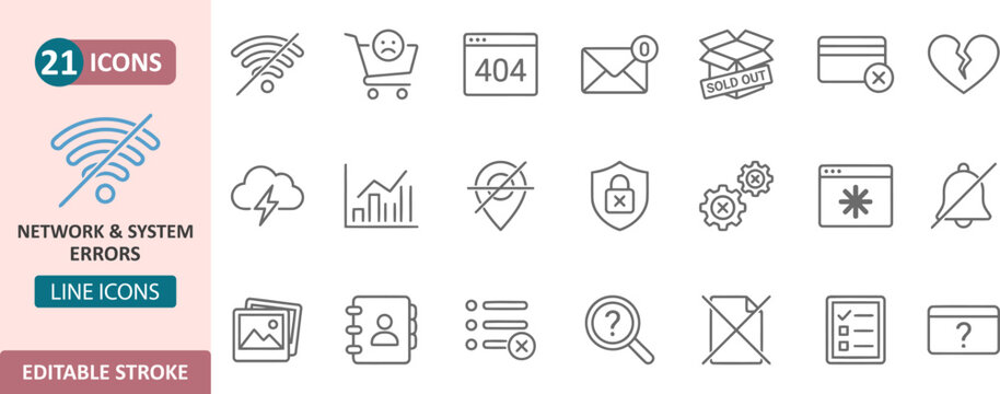 Network and system error line icons for web development with computing