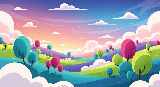 Vibrant cartoon landscape with rolling hills and fluffy clouds at sunset.