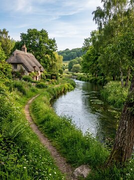Scenic thatched cottage next to a flowing river in summer