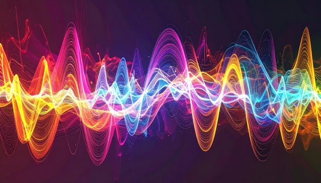 Intense multicolored sound wave visualization against a black background.
