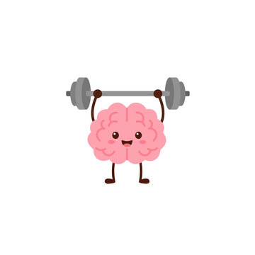 Cute smiling cartoon brain lifting a heavy barbell during strength training workout, representing mental power, fitness motivation, healthy lifestyle, vector, flat, 2d illustration