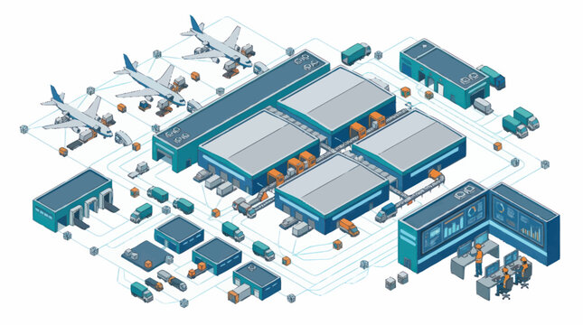 Isometric illustration of a modern airport terminal complex.