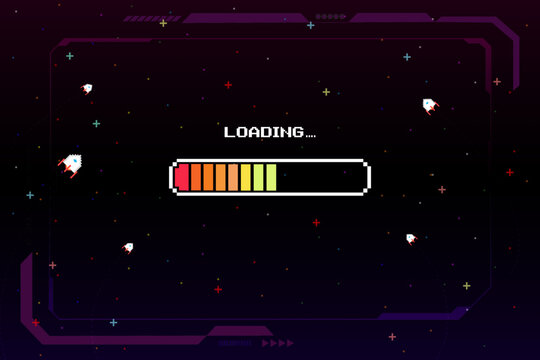 LOADING. Pixel art 8 bit. Retro Futurism Sci-Fi Background. Glowing neon grid and star from vintage arcade computer game.