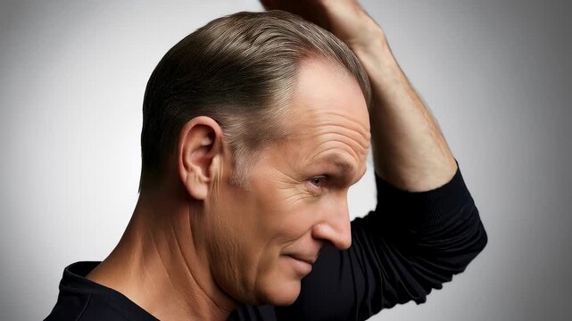 Middle aged caucasian man touching his hair to check for hair loss. Concept of male pattern baldness and hair care solutions.