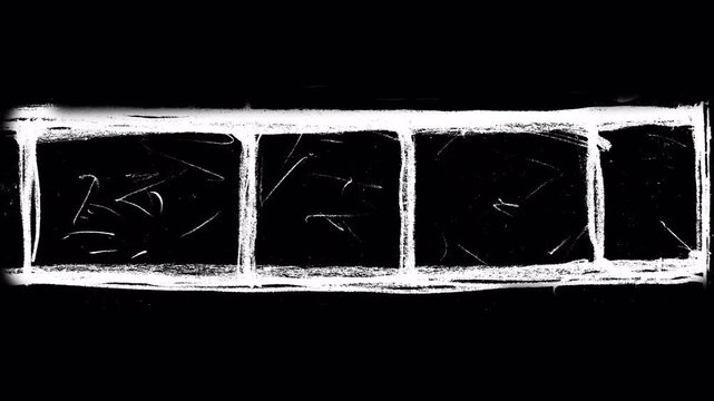 Doodle animation of white film on a black screen.
