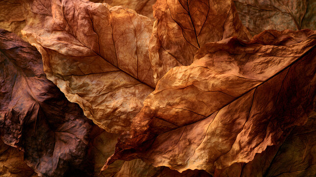 Close Up of Dried Tobacco Leaves with Brown Amber Texture