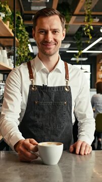 Smiling male barista in apron serving a cup of hot coffee on counter in modern cafe, cinematic footage.