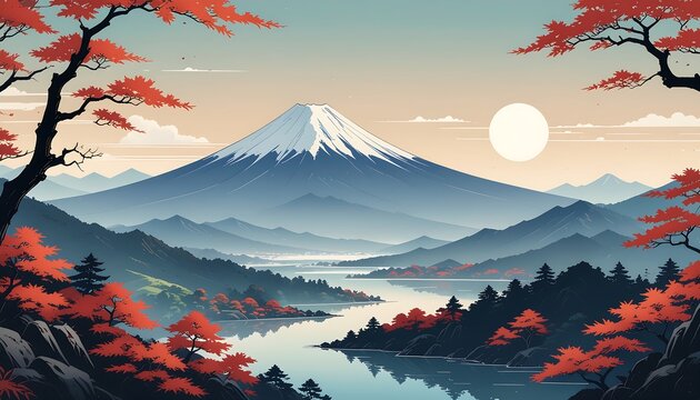 Traditional Japanese ukiyo-e style illustration of Mount Fuji with red autumn maple leaves, a winding river, and a big sun