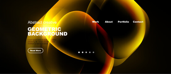Naklejka premium Dynamic golden shapes dominate dark background. Website header includes navigation, text, button elements. Modern design aesthetic present.