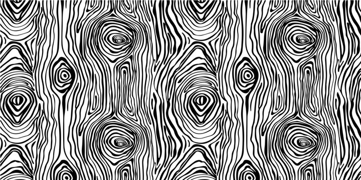 Black and White Wood Grain Seamless Pattern, Abstract Wooden Texture Vector Background, Hand Drawn Tree Bark Line Art Backdrop, Monochromatic Timber Ring Wallpaper for Fabric Design Print Cover.