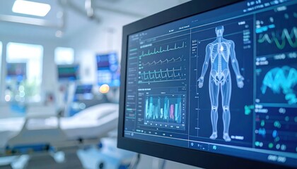 Fototapeta premium Patient monitor screen showing vital signs and human anatomy.