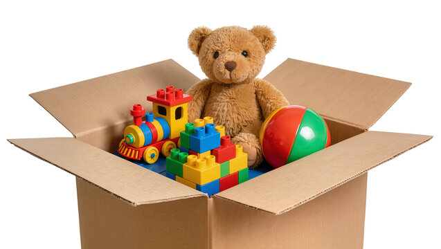 Isolated open cardboard box filled with various colorful children's toys ready for playtime