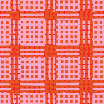 pink orange plaid grid blockprint check tartan checkered geometric abstract handdrawn stamp weave textured textile fabric upholstery midcentury retro