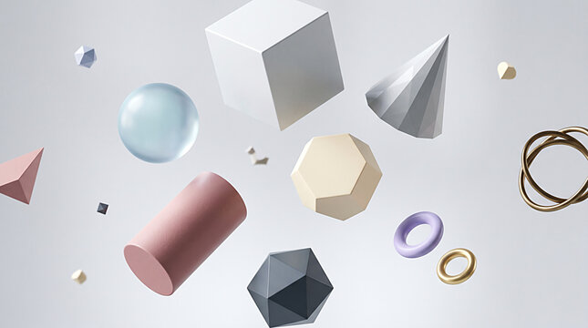 Abstract 3D Geometric Floating Shapes and Objects on White Background
