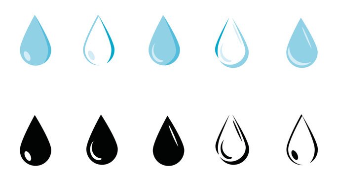 Ilustraci&oacute;n de gota de agua. Vector en color y en blanco y negro.  Conjunto de iconos para folleto, app, sitio web y otros.