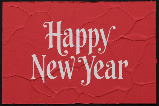 Happy New Year Celebration Greeting Card Design with White Text on Red Wrinkled Paper Texture Background