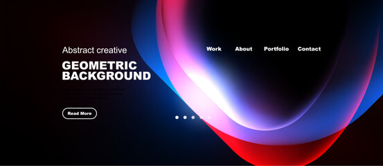 Naklejka premium Modern website header design. Fluid shapes, vibrant colors, dark background. Navigation links present, button visible.