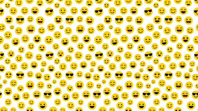 Yellow Smiling Faces Pattern Background Featuring Expressive Emojis With Sunglasses Expressing Joyful And Playful Social Media Moods