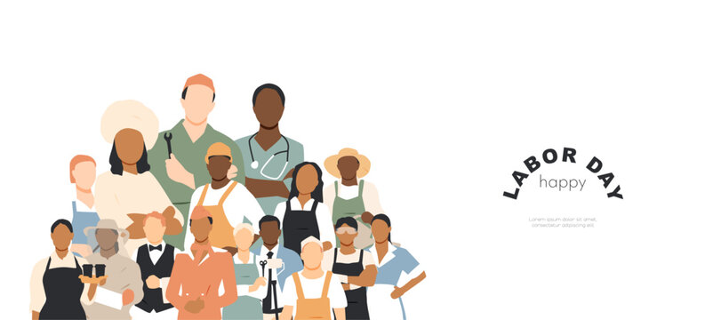 Happy Labor Day banner. People of different professions together. Modern design.
