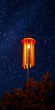 Whispering wind chimes under starry night sky, stars, harmony