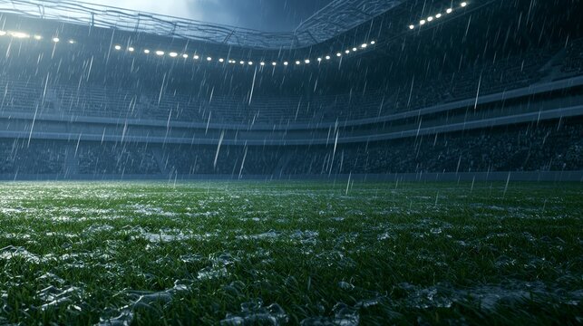 Floodlit football soccer field at night with players