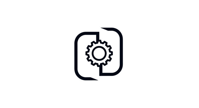 Modern gear icon framed by stylized brackets.