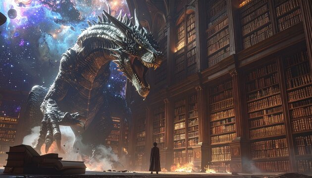 Epic Confrontation - A Lone Figure Faces a Cosmic Dragon in a Library.