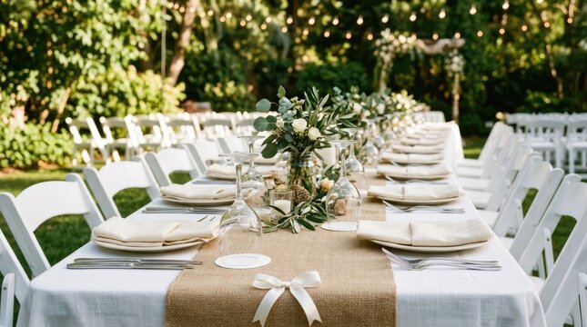 Elegant outdoor wedding reception table setting with floral centerpiece for autumn or halloween events