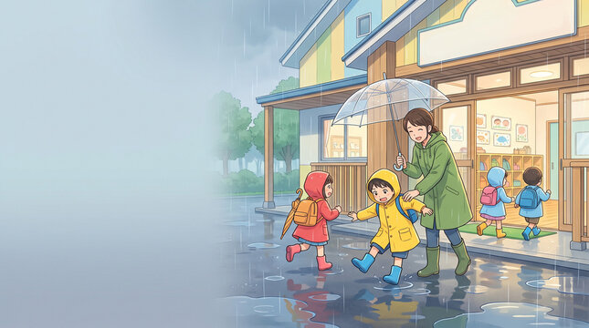 雨の日の登園と転倒防止 保育園の安全見守りイラスト