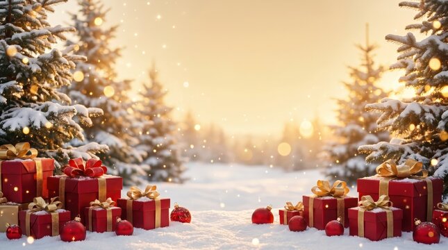 Christmas red gift boxes frame a glowing winter path through snowy fir forest