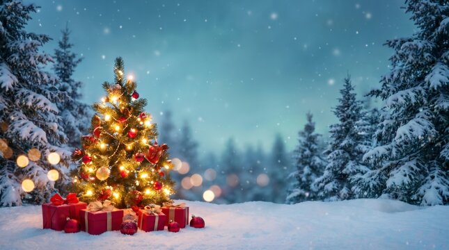 Christmas tree glows beside red gifts in a snowy evening forest