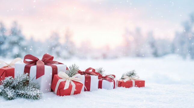 Christmas wrapped gifts rest in fresh snow beneath a pastel winter sky