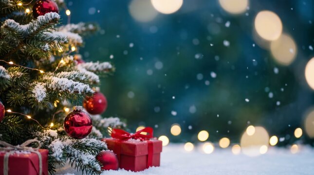 Christmas tree branch holds red ornament beside gift in falling snow